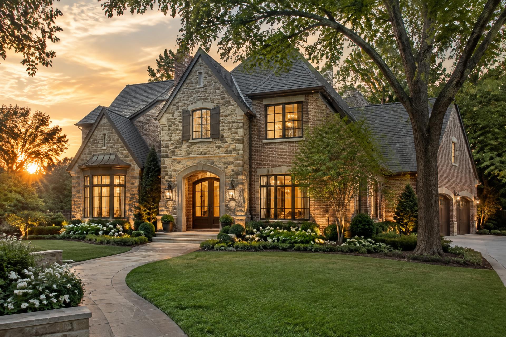 Traditional brick and stone home at dusk